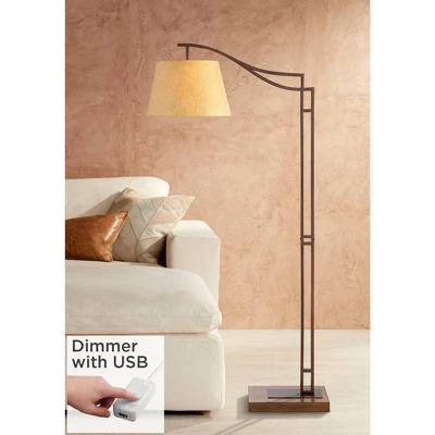 Franklin Iron Works Rustic Farmhouse Arc Floor Lamp With USB Port 60" Tall Bronze Downbridge Faux Leather Empire Shade For Living Room Reading Bedroom 1 Franklin Iron Works Rustic Farmhouse Arc Floor Lamp With USB Port 60" Tall Bronze Downbridge Faux Leather Empire Shade For Living Room Reading Bedroom