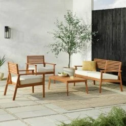 Saracina Home 4pc Mid-Century Modern Slatted Acacia Outdoor Patio Conversation Furniture Set