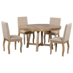 5 PCS Round Wood Extendable Dining Table Set With 4 Upholstered Dining Chairs-ModernLuxe -Baxton Studio Sales Store GUEST 62a0d22f 09b3 4f40 a197 cc20893dc552