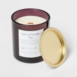 Clear Colored Glass With Woodwick And Brass Metal Inset Lid Spice Vanilla Fig Candle Purple - Threshold™ -Baxton Studio Sales Store GUEST 851e53a4 1b0e 449b 92ac ac1f0d30a37e