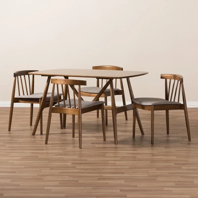 5pc Wyatt Midcentury Modern Walnut Wood Dining Set Beige/Brown - Baxton Studio 6 5pc Wyatt Midcentury Modern Walnut Wood Dining Set Beige/Brown - Baxton Studio - Image 6