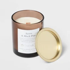 Clear Colored Glass With Woodwick And Brass Metal Inset Lid Acorn + Black Pine Candle Brown - Threshold™ -Baxton Studio Sales Store GUEST e82cdb94 c293 4984 b5b6 1ca170680739