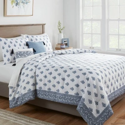 5pc Block Print With Border Comforter Bedding Set White/Blue - Threshold™ 1 5pc Block Print With Border Comforter Bedding Set White/Blue - Threshold™