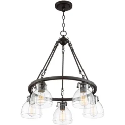 Possini Euro Design Bellis Bronze Wagon Wheel Pendant Chandelier 25" Wide Modern Clear Glass 5-Light Fixture For Dining Room House Kitchen Island Home -Baxton Studio Sales Store GUEST f57f1f0b 5fd6 4d76 8765 b8e25ce9ca30