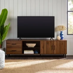 Sana Modern Triple Storage TV Stand For TVs Up To 80" Dark Walnut - Saracina Home -Baxton Studio Sales Store GUEST ff1679ed 5f30 47e9 a5d0 3886b74af319